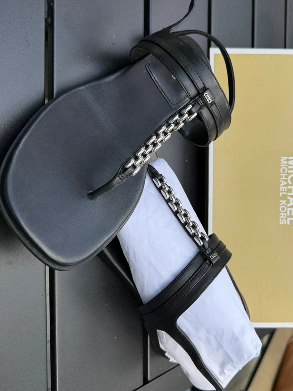 Michael Kors Black Leather Men's Sandals with Silver Chain Accent